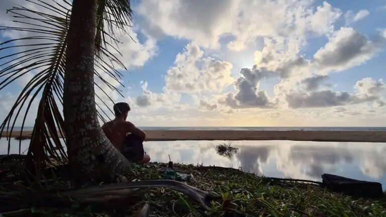 Pessoa sentada sob um coqueiro diante de uma lagoa que reflete o céu