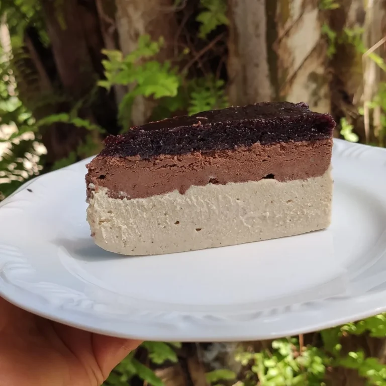 Fatia de torta vegana em camadas, com creme, chocolate e cobertura de frutas vermelhas, sobremesa do Karuh