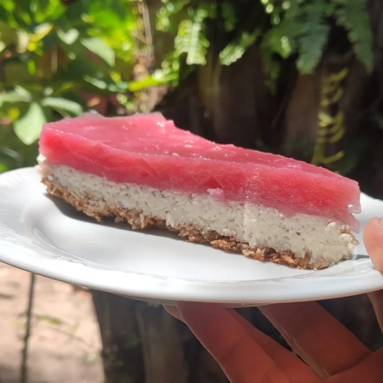 Fatia de torta vegana de coco com cobertura de morango, sobremesa do Karuh