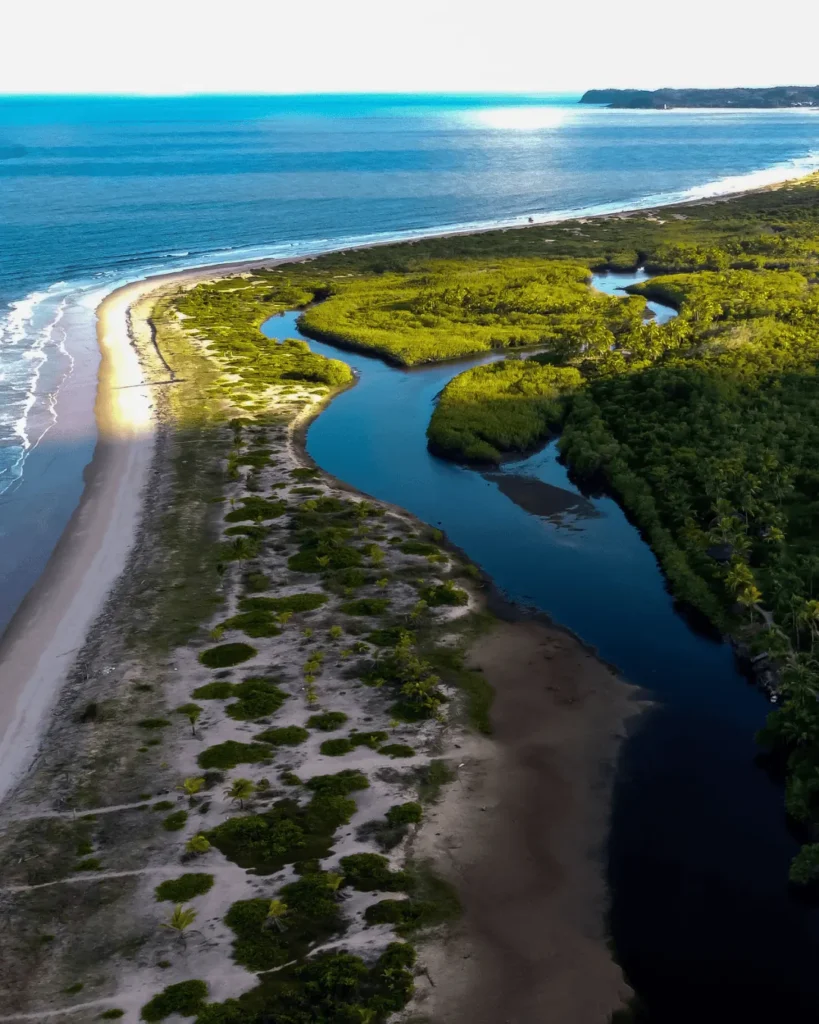 Vista aérea da Península de Maraú com praia, rio e manguezal em Piracanga